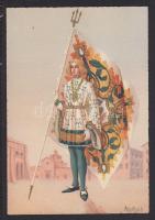 3 db használatlan, Sienai díszőröket ábrázoló, régi, művészi lap, Anichini szignóval / 3 Italian guards