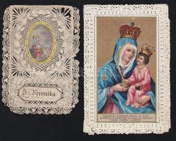cca 1890 Szt. Veronika és a Szűzanya 2 db csipke és litho szentkép kis hibával / 2 embroided-litho holy-cards small faults 9x13 cm
