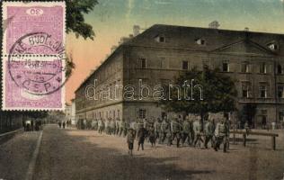 Ceské Budejovice military barracks with marching soldiers (wet damage)