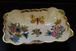 Viktória mintás Herendi aranyozott fodros peremű porcelán tál / Herend chinaware tray with gilded ruffled edge 19x15 cm