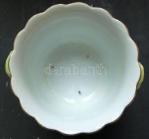 Óherendi kézzel festett gyümölcsökkel díszített porcelán kaspó arany peremmel 15 cm magas és 22 cm s...