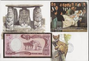 Kolumbia 1989. 100P dekoratív, nagyalakú bélyeges, bankjegyes borítékon, bélyegblokkal T:I