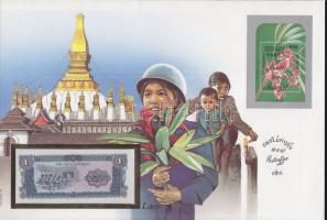 Laosz 1988. 1K dekoratív, nagyalakú bankjegyes, bélyeges borítékon, bélyegblokkal, elsőnapi bélyegzővel T:I