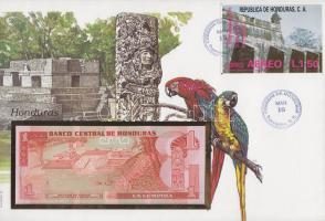 Honduras 1989. 1L dekoratív, nagyalakú bankjegyes, bélyeges borítékon, bélyegblokkal T:I