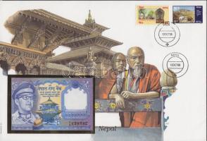 Nepál 1974 1R dekoratív, nagyalakú bankjegyes, bélyeges borítékon T:I