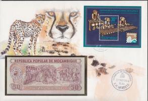 Mozambik 1983. 50M dekoratív, nagyalakú bankjegyes, bélyeges borítékon, bélyegblokkal T:I