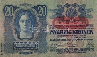 1913. 20K (3x) II.kiadás piros vízszintes "Deutschösterreich"  felülbélyegzéssel egymás ut...