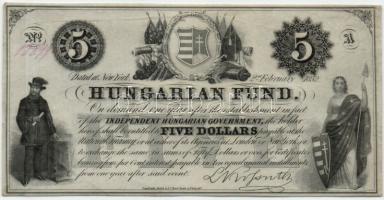 Emigrációs Kossuth-bankó 1852. 5$ "A" piros sorszámmal T:I-