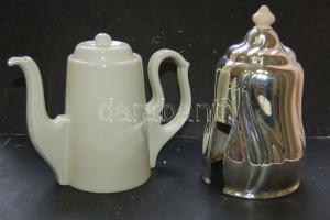 Régi porcelán teáskanna melegen tartó levehető fém köpennyel 26 cm magas