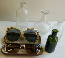 Kis bolhapiac tétel: 3 db klf kis gyógyszeres üveg + 1 kis üvegváza + 2 db retro napszemüveg + 1 szemüvegtok
