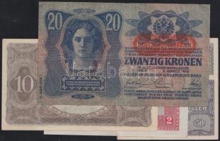 1913-20. 20f + 50f + 2K vízszintes D.Ö.felülnyomással + 10K + 20K vízszintes D.Ö. felülnyomással T:I...
