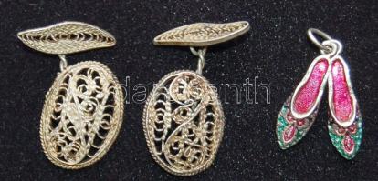 ~1900 Kézi készítésű ezüst (Ag) mandzsetta gomb + cca 1960 ezüst (Ag) szegedi papucs medál