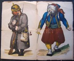 cca 1910 3+1 db nagyméretű groteszt Litho nyomat / Large Litho pictures s: Ettanburger 50x35 cm