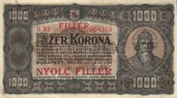 1923 1000K piros "8 FILLÉR - NYOLC FILLÉR" felülbélyegzéssel T:II-