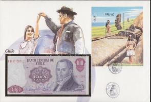 Chile 1983. 100P dekoratív, nagyalakú bankjegyes, bélyeges borítékon, bélyegblokkal, első napi bélyegzővel T:I