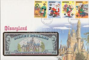 USA/Disneyland 1987. 1 Disney Dollar dekoratív, nagyalakú bankjegyes, bélyeges borítékon T:I