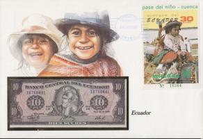 Ecuador 1986. 10S dekoratív, nagyalakú bankjegyes, bélyeges borítékon, bélyegblokkal T:I