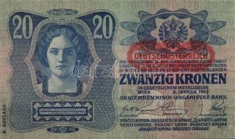 1913. 20K (3x) II.kiadás piros vízszintes "Deutschösterreich" felülbélyegzéssel egymás utá...