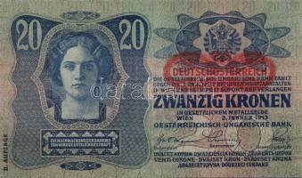 1913. 20K (3x) II.kiadás piros vízszintes "Deutschösterreich" felülbélyegzéssel egymás utá...
