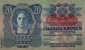 1913. 20K (3x) II.kiadás piros vízszintes "Deutschösterreich" felülbélyegzéssel egymás utá...
