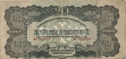 1944. 20P "V.H." felső ívszélen erős fehér csík,előlapi nyomat erősen lefelé csúszva,a normál mérettől (169x82mm)kissé eltér (167x80mm!) T:III