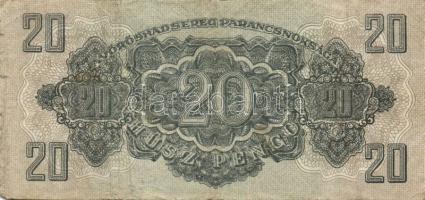 1944. 20P "V.H." felső ívszélen erős fehér csík,előlapi nyomat erősen lefelé csúszva,a nor...