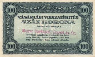 1920-as évek eleje 100K vásárlási visszatérítés "Magyar Cserkészek Termelő és Ért." bélyegzővel T:II kis beszakadással