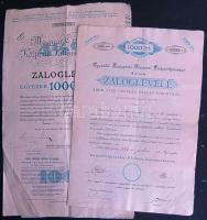 1897-1898. Magyar Országos Központi Takarékpénztár és az Egyesült Budapesti Fővárosi Takarékpénztár záloglevele 1000K illetve 1000Frt-ról! (2x)