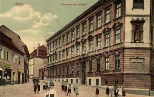 Slany Komensky square school with the stationery shop of Frantisek Kubes and the shop of Antonín Vacek