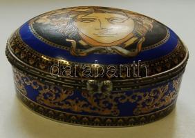 Kis porcelán ékszeres szelence antik mintával, hossza kb. 8 cm