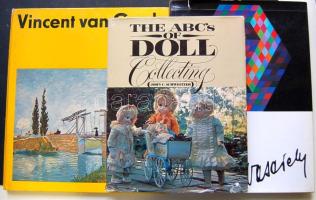 Kis vegyes könyvtétel, benne Vasarely és Van Gogh színes album, illetve egy fotókkal illusztrált áttekintő könyv a Babagyűjtésről (The ABC´s of Doll Collecting)