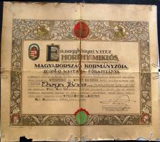 1926 Vitézi Rend avatási okmány rajta Horthy Miklós kormányzó saját kezű aláírásával (rossz állapotban) / Original signature of Horthy