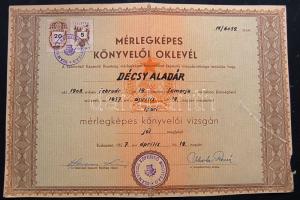 1957 Mérlegképes könyvelői oklevél Kossuth címeres pecséttel