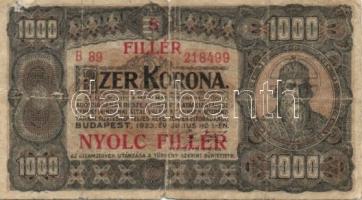 1920. 500K + 1923. 500K + 1923. 1000K piros "8 FILLÉR - NYOLC FILLÉR" felülbélyegzéssel + ...