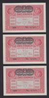 1917. 2K (3x) zöld "Deutschösterreich" fny.-sal, egymásutáni sorszámokkal T:I