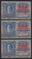 1913. 20K (3x) II.kiadás vízszintes piros "Deutschösterreich" felülbélyegzéssel egymás utá...