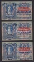1913. 20K (3x) II.kiadás vízszintes piros "Deutschösterreich" felülbélyegzéssel egymás utá...