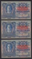 1913. 20K (3x) II.kiadás vízszintes piros "Deutschösterreich" felülbélyegzéssel egymás utá...