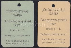 1939.Június "Jótékonyság Napja Adománymegváltási jegy" 1P és 2P értékben sorszámozott kártyán T:I-