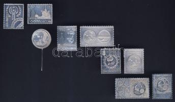 1979-80. Bélyeg formájú Ag érmek és kitűző díszdobozban, összesen 9db. T:PP,BU