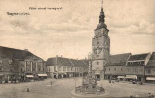 Nagyszombat main square with theatre and the shop of Steinitz