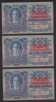 1913. 20K (3x) II.kiadás vízszintes piros "Deutschösterreich" felülbélyegzéssel egymás utá...