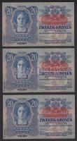 1913. 20K (3x) II.kiadás vízszintes piros "Deutschösterreich" felülbélyegzéssel egymás utá...