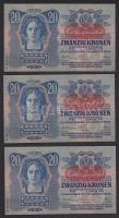 1913. 20K (3x) II.kiadás vízszintes piros "Deutschösterreich" felülbélyegzéssel egymás utá...