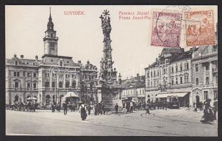 Újvidék Franz Joseph square with tram and the shop of József Kovács