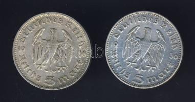 Németország 1936G-J 5DM (2x) "Hindenburg" Ag T:2,2-