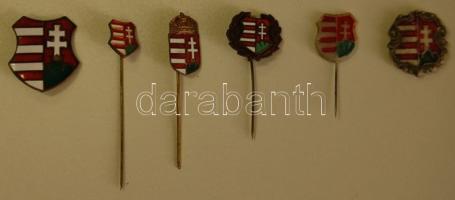 kis kitűző tétel: 6db magyar címeres kitűző, köztük 5db "Kossuth címeres" zománcozottak többnyire (egyikről letört a tű)