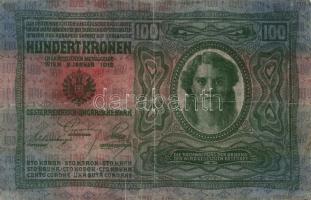 1912 100K "Magyarország" piros körbélyegzővel T:III- (két kis szakadás)