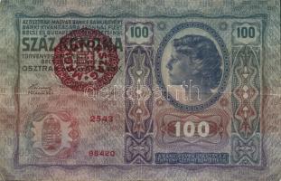 1912 100K "Magyarország" piros körbélyegzővel T:III- (két kis szakadás)