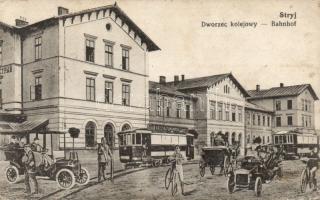 Stryj Railway Station with trams and automobiles